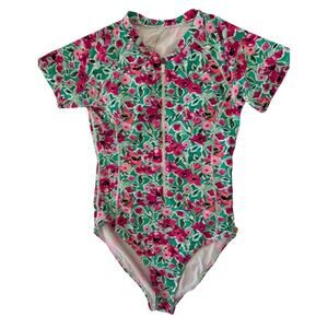 Catherine Maladrino Floral Short-Sleeve ZipFront One-Piece Swimsuit  Women L Pin